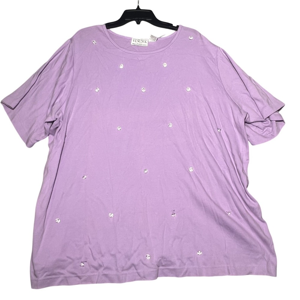 Venezia Vitale Women's 2X Plus Size Purple Embellished Cotton Short Sleeve Top